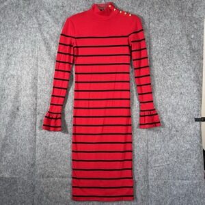 Ralph Lauren Midi Pencil Dress Sz Small Red Stripe Mock‎ Neck Nautical Old Money